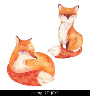 Ein Paar Füchse in sitzender und liegender Position. Aquarellabbildung. Waldtiere für Kinder. Lackiert Stockfoto