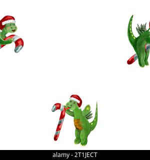 Zeichentrickfilm mit Aquarellmuster niedlicher Drache, der auf einem Zuckerrohr fliegt und einen festlichen Weihnachtsmütze mit Weihnachtsbonbons trägt. Nahtloses Aquarellmuster Stockfoto