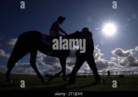 Jockey Frankie Dettori startet auf Henry Adams, bevor er am zweiten Tag des Dubai Future Champions Festivals auf dem Newmarket Racecourse, Suffolk, an der Dewhurst Stakes der Native Trail teilnimmt. Bilddatum: Samstag, 14. Oktober 2023. Stockfoto