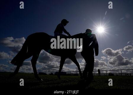 Jockey Frankie Dettori startet auf Henry Adams, bevor er am zweiten Tag des Dubai Future Champions Festivals auf dem Newmarket Racecourse, Suffolk, an der Dewhurst Stakes der Native Trail teilnimmt. Bilddatum: Samstag, 14. Oktober 2023. Stockfoto