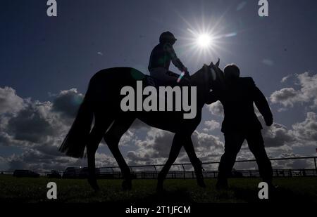 Jockey Frankie Dettori startet auf Henry Adams, bevor er am zweiten Tag des Dubai Future Champions Festivals auf dem Newmarket Racecourse, Suffolk, an der Dewhurst Stakes der Native Trail teilnimmt. Bilddatum: Samstag, 14. Oktober 2023. Stockfoto