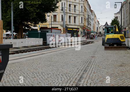 Baustelle für die Straßenbahn am Postplatz in Görlitz Stockfoto