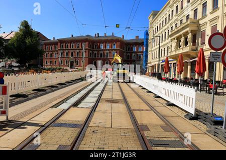 Baustelle für die Straßenbahn am Postplatz in Görlitz Stockfoto