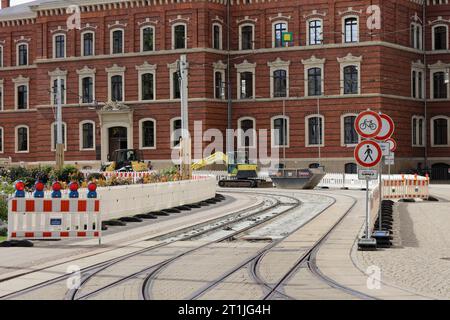 Baustelle für die Straßenbahn am Postplatz in Görlitz Stockfoto