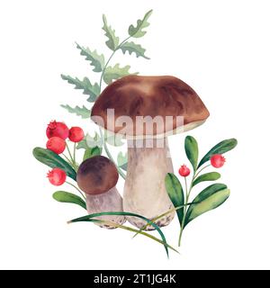 Steinpilze mit Farn und Preiselbeeren. Aquarellabbildung. Herbst im Wald Stockfoto