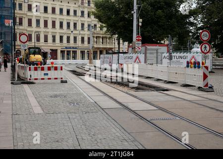 Baustelle für die Straßenbahn am Postplatz in Görlitz Stockfoto