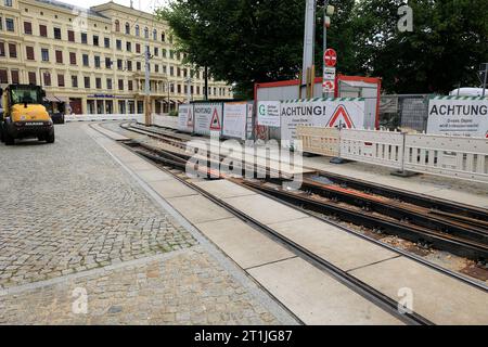 Baustelle für die Straßenbahn am Postplatz in Görlitz Stockfoto