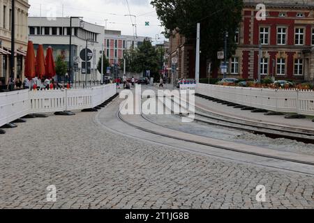 Baustelle für die Straßenbahn am Postplatz in Görlitz Stockfoto