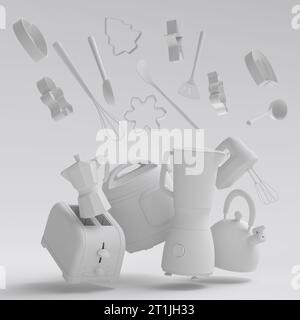 Espressomaschine, Handmixer, Wasserkocher und Toaster für die Zubereitung des Frühstücks auf monochromem Hintergrund. 3D Render der Kaffeeanne für die Herstellung von Latte Stockfoto