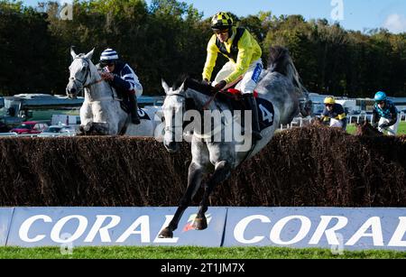 Chepstow, Wales, Vereinigtes Königreich. Samstag, 14. Oktober 2023; Al Dancer und Jockey Charlie Deutsch gewinnen die John Ayres Memorial Steeple Chase für Trainer Sam Thomas und Eigentümer Walters Plant Hire Ltd Credit JTW equine Images / Alamy Live News Stockfoto