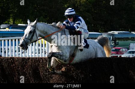 Chepstow, Wales, Vereinigtes Königreich. Samstag, 14. Oktober 2023; Al Dancer und Jockey Charlie Deutsch gewinnen die John Ayres Memorial Steeple Chase für Trainer Sam Thomas und Eigentümer Walters Plant Hire Ltd Credit JTW equine Images / Alamy Live News Stockfoto