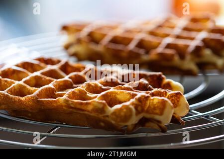 Ein Porträt von köstlichen und leckeren belgischen Waffeln, die auf einem runden Kühlregal liegen und bereit sind, mit einer Art Belag wie Puderzucker oder gegessen zu werden Stockfoto