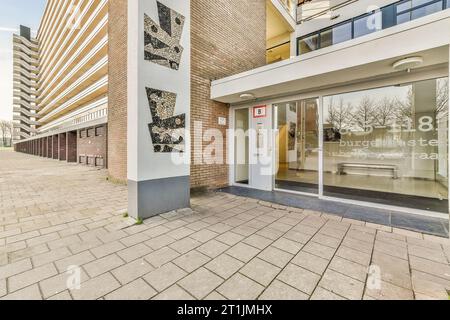 Das Äußere eines Gebäudes, das mit schwarz-weißen Motiven an der Seite vor einem Büro bemalt wurde Stockfoto