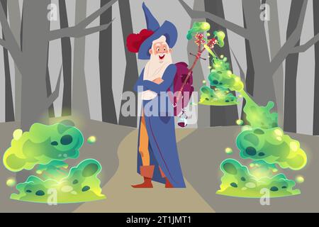 Abbildung des Zeichentrickassistenten. Magischer Charakter mit magischen Werkzeugen. Alter Mann mit grauem Bart im Gewand und Hut, Zauberer und Alchemist im Wald. Rätsel Stock Vektor