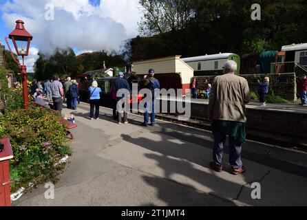 Menschen beobachten eine Dampfeisenbahn, die während ihrer 50-jährigen Jubiläumsgala am Bahnhof Goathland der North Yorkshire Moors Railway ankommt. Stockfoto
