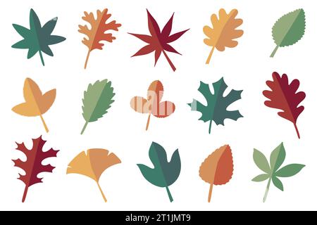 Herbstlaub. Gelbes, rotes und grünes Blatt, Herbstlaubszeit, leuchtende Flora-Ikonen, Laub aus Ahorneichen und Kastanienblättern. Vektor-Cartoon flach Stall Stock Vektor