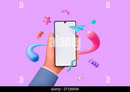 3D-Telefon. Halten Sie die mobile App in Smartphone, Smart Technology, Gerät oder Produkt mit leerem Bildschirm, Werbevorlage. Online-Marketing. Banner Stock Vektor