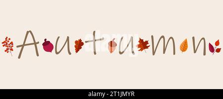 Herbstposter. Waldorange Blätter. Laub der Bäume. Eichenholz. Hüftrose. Birke und Ahorn. Viburnum-Beeren am Zweig. Herbstflora. Einfache Pflanzen. A Stock Vektor
