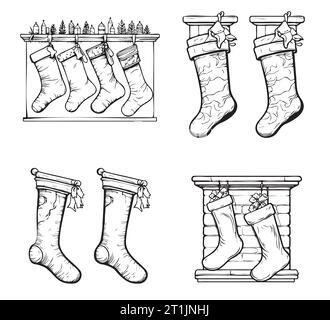 Weihnachtsstrümpfe hängen Vektor. Socken für den Winterurlaub. Wohndekoration, Platz zum Geschenk. Frohe Weihnachten. Niedliche weihnachtssocken Illustration Vektor. Stock Vektor