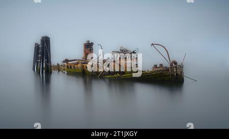 Verlassener Dampfgarer Mary D. Hume in Gold Beach Oregon – künstlerische, minimalistische Langzeitbelichtung an einem nebeligen Tag, die eine stimmungsvolle, unheimliche Atmosphäre schafft. Stockfoto