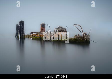 Verlassener Dampfgarer Mary D. Hume in Gold Beach Oregon – künstlerische, minimalistische Langzeitbelichtung an einem nebeligen Tag, die eine stimmungsvolle, unheimliche Atmosphäre schafft. Stockfoto