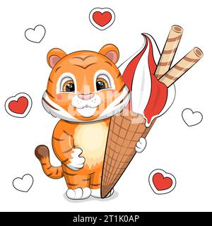 Ein süßer Cartoon-Tiger hält ein großes Eis. Sommer-Vektor-Tier-Illustration auf weißem Hintergrund mit roten Herzen. Stock Vektor