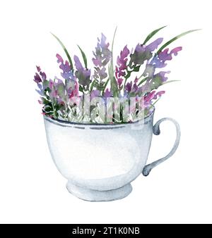 Lavendelstrauß in einem weißen Vintage-Becher. Handgezeichnete Aquarellillustration von lila Blumen für Grußkarten oder Einladungen auf einem weißen isoliert Stockfoto