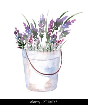 Lavendelstrauß in einem rustikalen Metalleimer. Handgezeichnete Aquarellillustration von lila Blumen in Gartenwerkzeugen für Grußkarten oder Invit Stockfoto