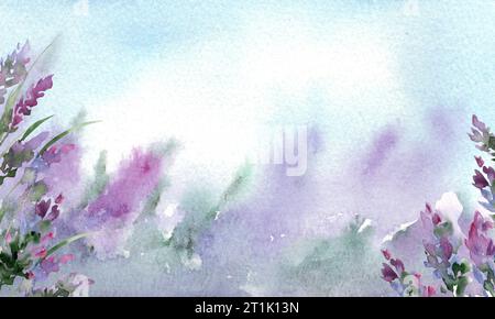 Abstrakte Illustration des Lavendels in Aquarellfarbe. Zartes, von Hand gezeichnetes horizontales Banner in Flieder mit freiem Platz für Text Stockfoto