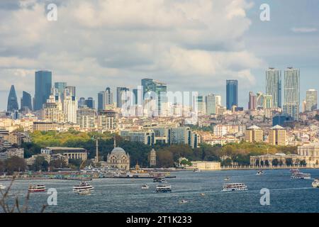 Istanbul, Türkei, 17. Oktober 2022: Stadtbild des Geschäftsviertels Istanbul und des Bosporus-Kanals Stockfoto