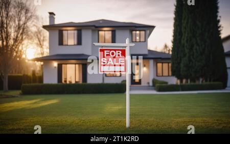 Ein rotes „zum Verkauf“-Schild in einem grasbewachsenen Hof vor einem großen Haus. Stockfoto