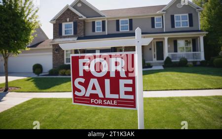 Ein rotes „zum Verkauf“-Schild in einem grasbewachsenen Hof vor einem großen Haus. Stockfoto