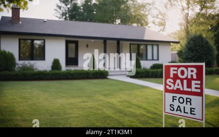 Ein rotes „zum Verkauf“-Schild in einem grasbewachsenen Hof vor einem großen Haus. Stockfoto