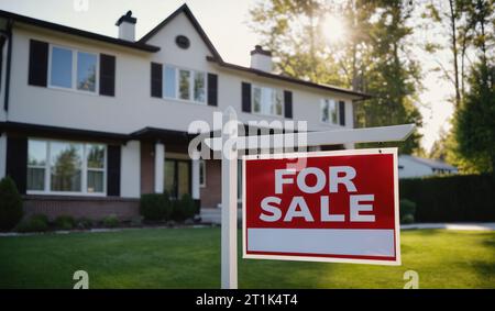 Ein rotes „zum Verkauf“-Schild in einem grasbewachsenen Hof vor einem großen Haus. Stockfoto