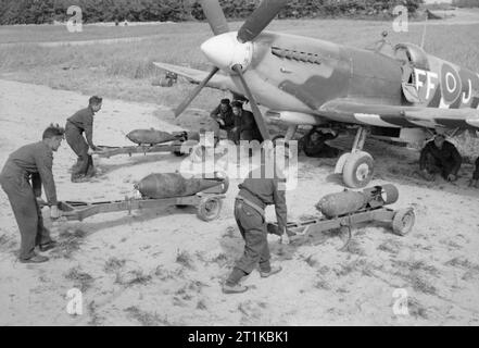 Royal Air Force - 2nd Tactical Air Force, 1943-1945. Waffenexperten wheeling ein 500-lb und zwei 250-lb GP Bomben in die richtige Stellung für die Verladung auf ein Supermarine Spitfire Mk IX Nr. 132 Squadron RAF bei B11/Longues, Normandie. Stockfoto