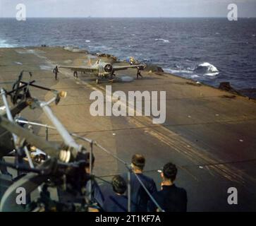 Ein Royal Navy Grumman Martlet Jäger auf dem Flugdeck des Flugzeugträgers HMS Formidable (R67) in nordafrikanischen Gewässern während der Operation Torch. Stockfoto