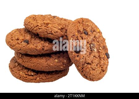 Haferflockenkekse mit Schokoladenstückchen auf weißem Hintergrund. Cookie isolieren Stockfoto