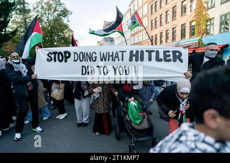 Pro-palästinensische Demonstranten in Kopenhagen, Dänemark am Samstag, den 14. Oktober 2023. Tausende von Menschen marschierten am Samstag von Noerrebro nach Raadhuspladsen in Kopenhagen und forderten die Aufmerksamkeit auf die Bevölkerung in Gaza. Stockfoto