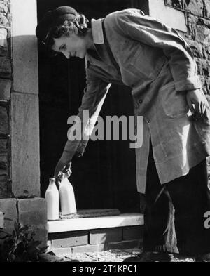 Teilzeit Frauen Krieg - Frauen bei der Arbeit in Kriegszeiten Bristol, England, UK, 1942 Frau A B Skinner von Totterdown, Bristol, arbeitet Teilzeit als Milch roundswoman. Hier ist sie zu sehen, Verlassen zwei Pints von Milch auf eine Tür. Gemäß der ursprünglichen Caption, hat sie diesen Job für zwei Jahre getan. Stockfoto