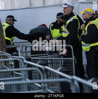 London, Großbritannien. Oktober 2023. Protest in London: Tausende nehmen an einem pro-palästinensischen marsch Teil, während der Krieg zwischen Israel und der Hamas eskaliert, wird Ein Demonstrant vor der Downing Street verhaftet. Credit: Ian Davidson/Alamy Live News Stockfoto