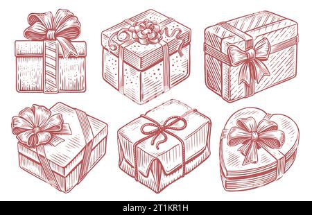 Set mit Weihnachtsgeschenken, Weihnachtsgeschenkboxen mit Bändern, Neujahrsgeschenke. Vektorillustration für Vintage-Skizzen Stock Vektor