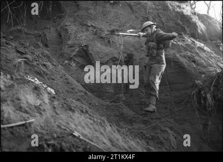 Belgische Kommandos in der Ausbildung, Großbritannien, 1945 ein Soldat des zweiten Bataillons, 2. belgische Feuerwehr springt hinunter einen steilen bewaldeten Hang als Teil seines Commando training, irgendwo in Großbritannien. Stockfoto