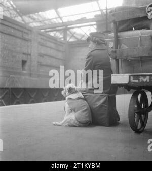 Die britische Eisenbahn im Krieg - Hallo und Auf Wiedersehen - Verkehr und Reisen in Kriegszeiten, UK, 1944 Mitglied der Auxiliary Territorial Service (ATS) sitzt auf Ihrem Koffer neben dem Kofferwagen, wie sie für ihren Zug wartet. Sie ist von einem Hund, der in der ursprünglichen Bildunterschrift als Maskottchen identifiziert begleitet. Stockfoto