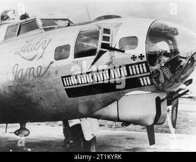 Die Nase Kunst einer B-17 Flying Fortress Spitznamen "Lady Jane" Der 401St Bomb Group. Stockfoto