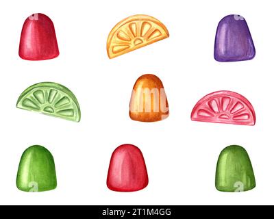 Mehrfarbiges Karamell in Form von Fruchtscheiben, Gelee. Bonbons, Bonbons, Lutscher, Zucker, süß, ablegen. Aquarellabbildung isoliert auf weiß. Stockfoto