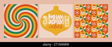 Holly Jolly Vibes Phrase, Muster und Twirl-Hintergrund im Retro-Hippie-Stil der 70er Jahre. Weihnachtsposter. Vektorabbildung Stock Vektor