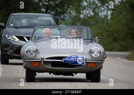 Tavoleto , Italien - Sept. 16 - 2023: Jaguar E TYP 1963 in coppa nuvolari Old Racing Stockfoto