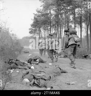 Die britische Armee in Nord-West-Europa 1944-45 Truppen der 6. König eigene Scottish Borderers voraus vorsichtig entlang einem Feldweg, vorbei an den Körpern der deutschen Soldaten, östlich des Rheins, 25. März 1945. Stockfoto