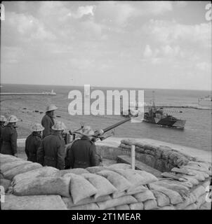 Die britische Armee auf Malta 1942 eine 40 mm Bofors anti-aircraft Gun und seine Crew zu verfolgen als Zerstörer in den Grand Harbour, den 8. Januar 1942. Stockfoto