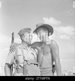 Die Polnischen unabhängigen Karpaten Gewehre Brigade bei der Belagerung von Tobruk, 1941 Soldaten der polnischen Unabhängigen Karpaten Gewehre Brigade Aktien ein Witz mit einem australischen Kollegen Soldat. Soldaten beider Armeen zeichneten sich während der Belagerung von Tobruk und teilten den Spitznamen "die Ratten von Tobruk'. Stockfoto